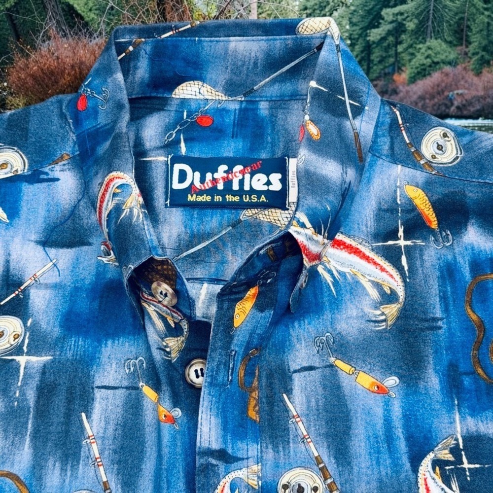 Vtg Duffies Authenticwear Men XL Blue Fishing Print Button Down Shirt Cotton USA